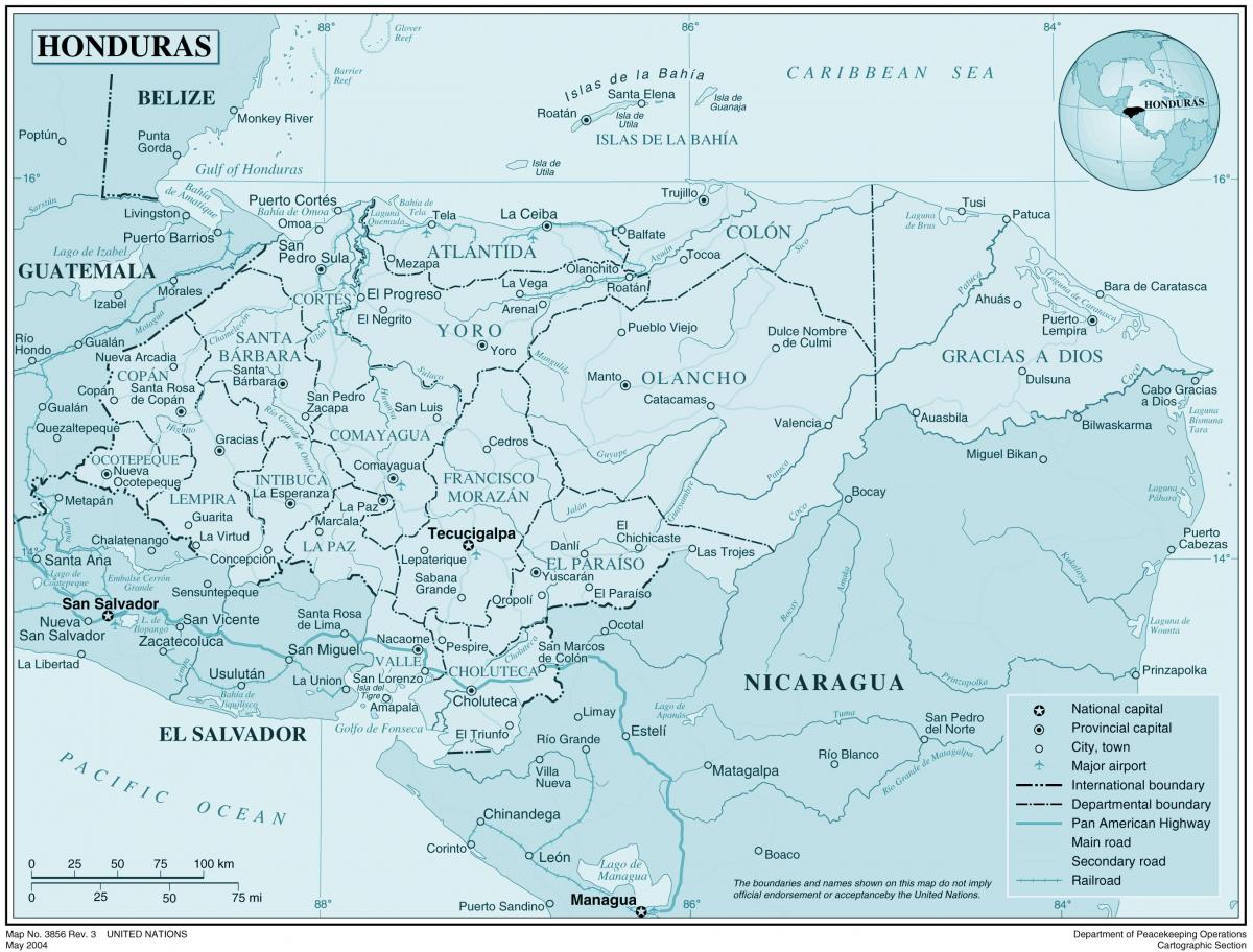 kort over den fysiske kort i Honduras.
