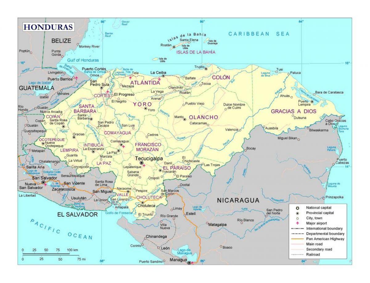 Honduras kort med byer